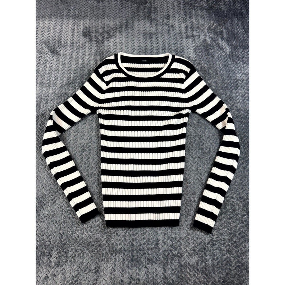 T Tahari Sweater Womens Black White Striped Round Neck Tight Knit Ribbed Winter